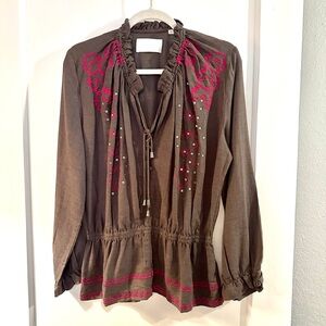 Piper Blouse. Charcoal grey. Embroidered with dark pink